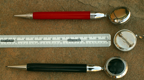 RETRACTING, TEATHERED PIN-ON PENCILS